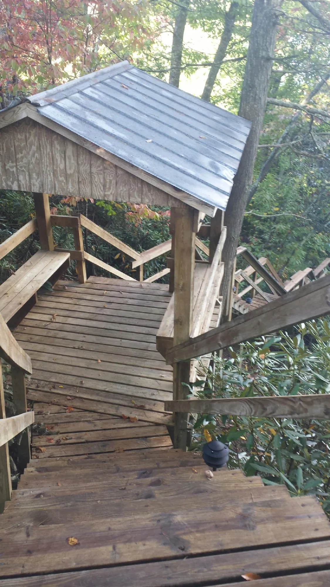 Metal roofed shelter over wooden steps on a wooded walkway — Skylight Repair & Installation work by our crew in Moss